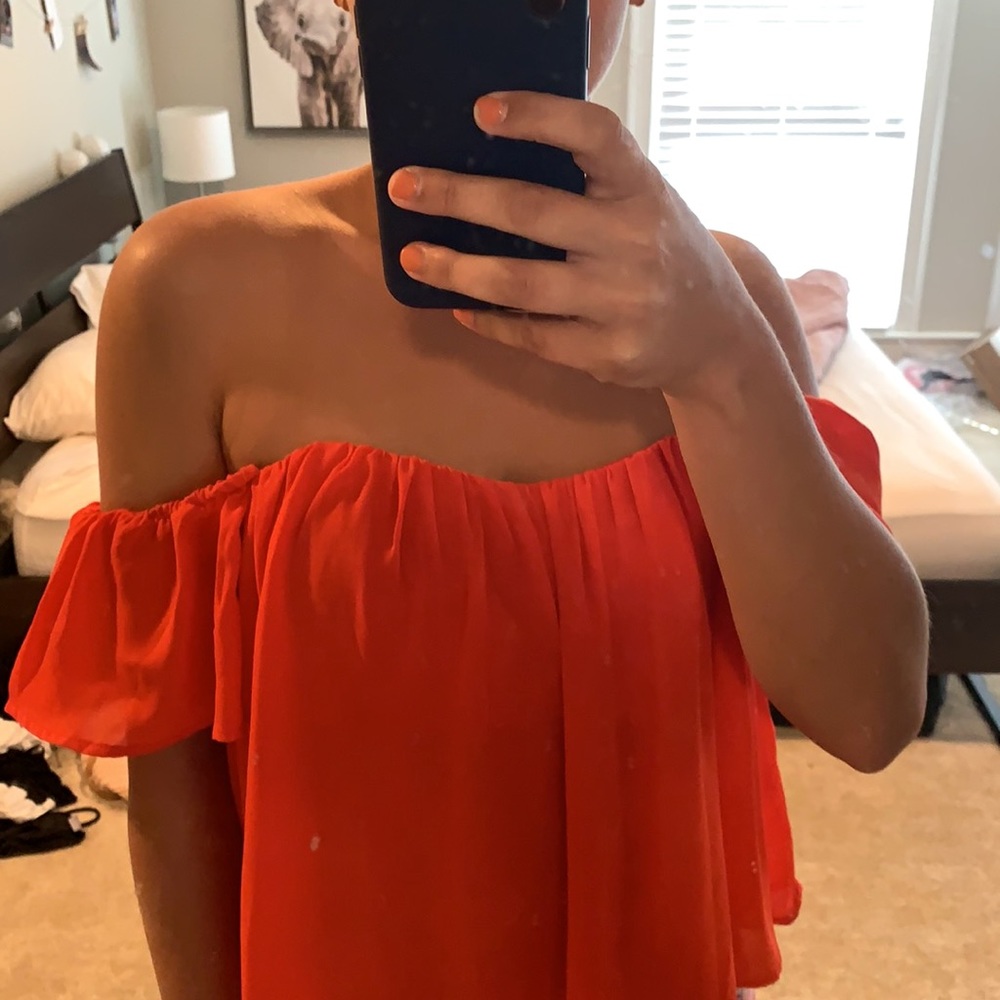 bright red off shoulder
